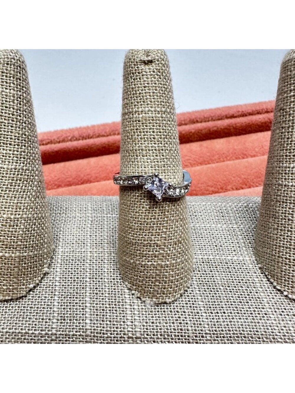 Classic Princess Cut Solitaire Bypass Ring Silver Tone Clear Crystal Accent Sz 8